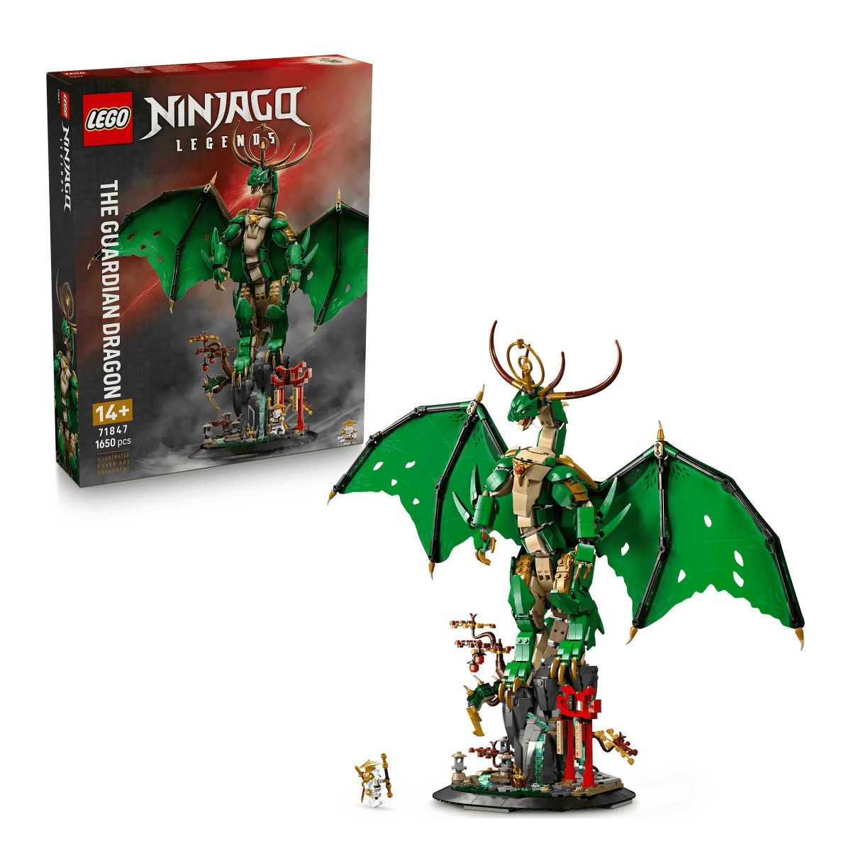 Guardian Dragon LEGO Ninjago build, green armored dragon with wings and staff