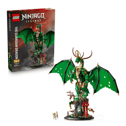 Guardian Dragon LEGO Ninjago build, green armored dragon with wings and staff