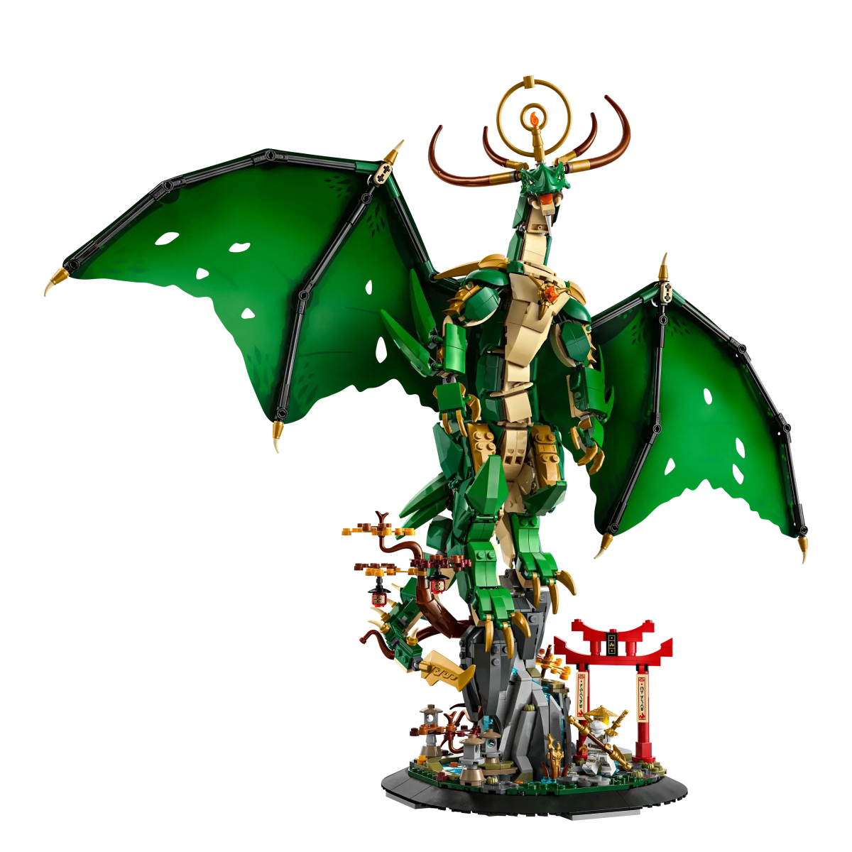 Green winged Guardian Dragon minifigure on round base with golden horned headpiece