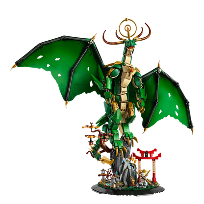 Green winged Guardian Dragon minifigure on round base with golden horned headpiece