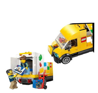 Yellow LEGO van with clear windshield, open side storage, and printed panel stickers