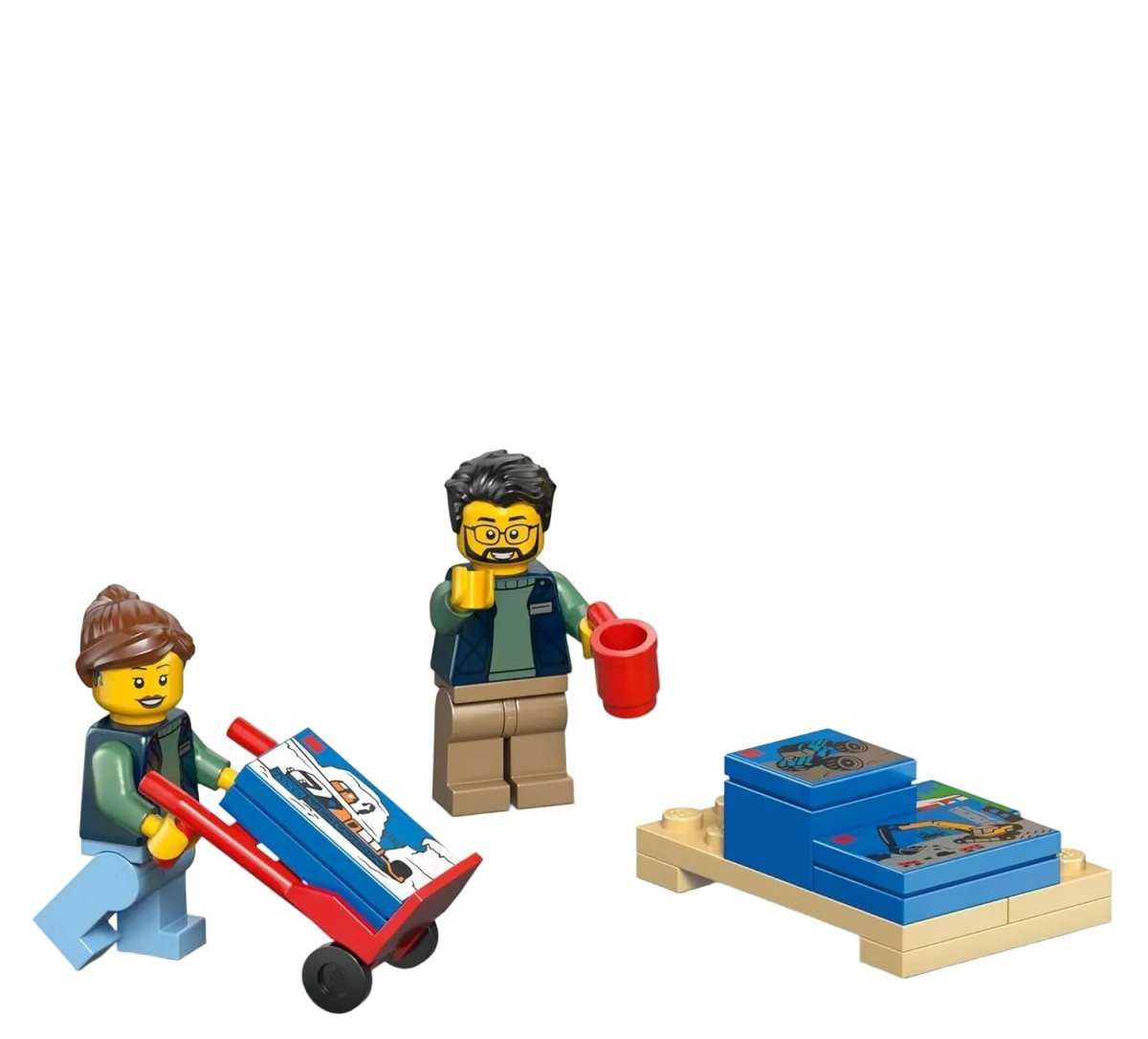 Minifigures and accessories for LEGO City van set: blue tool cart, red bucket