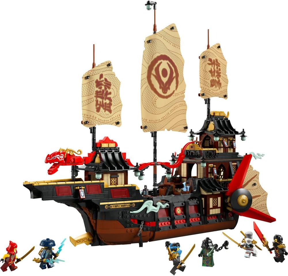 The Temple Bounty ninja ship model with tan sails and red dragon flags