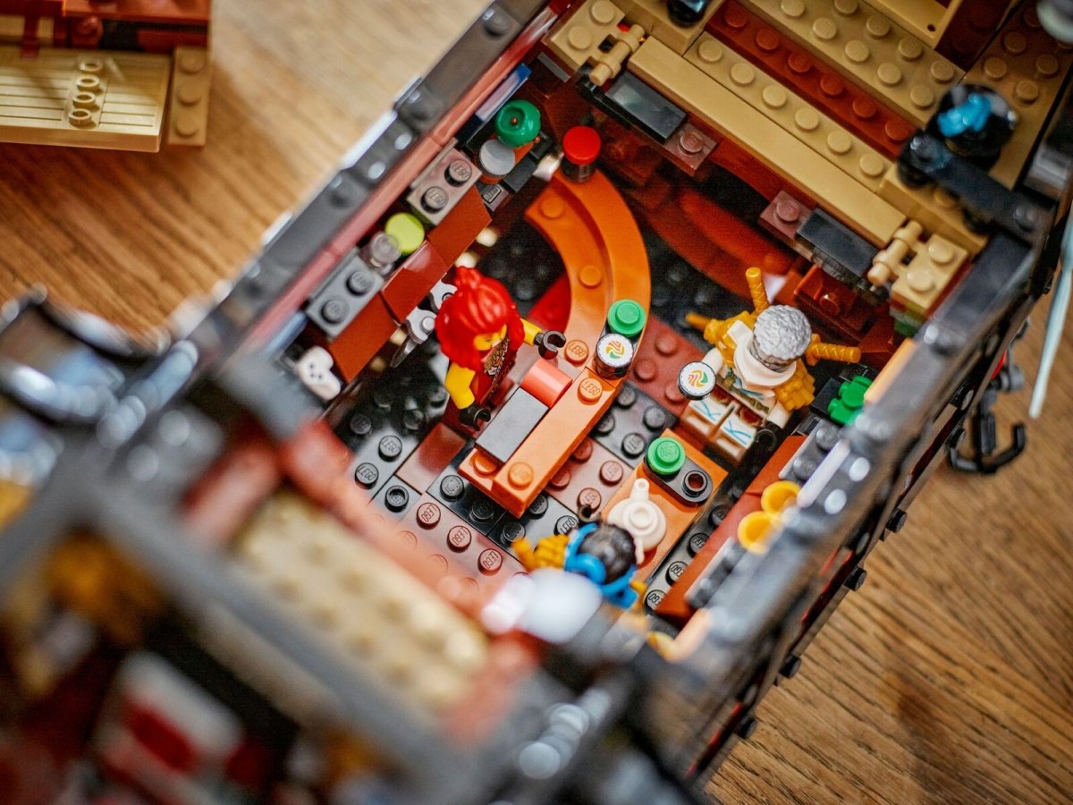 The Temple Bounty ship interior with rows of LEGO pieces and minifigures