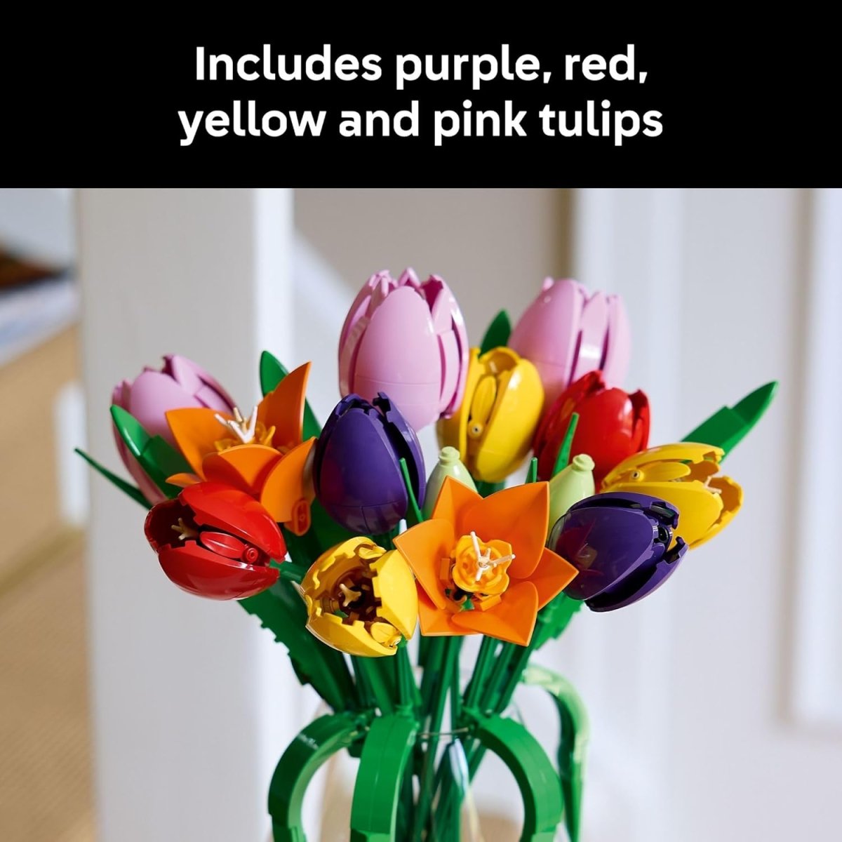 Close-up Tulip Bouquet with purple, red, yellow and pink tulip heads and green stems