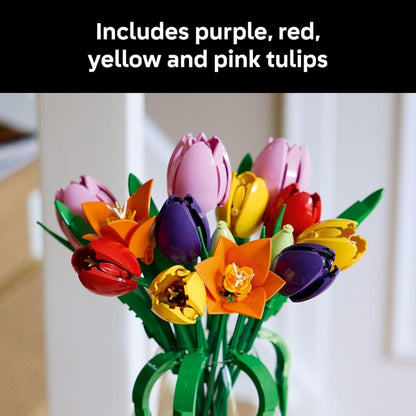 Close-up Tulip Bouquet with purple, red, yellow and pink tulip heads and green stems