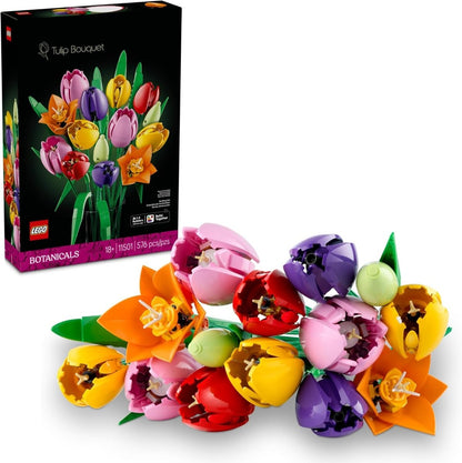 Tulip Bouquet set box and assembled tulip flowers with colorful heads and green stems