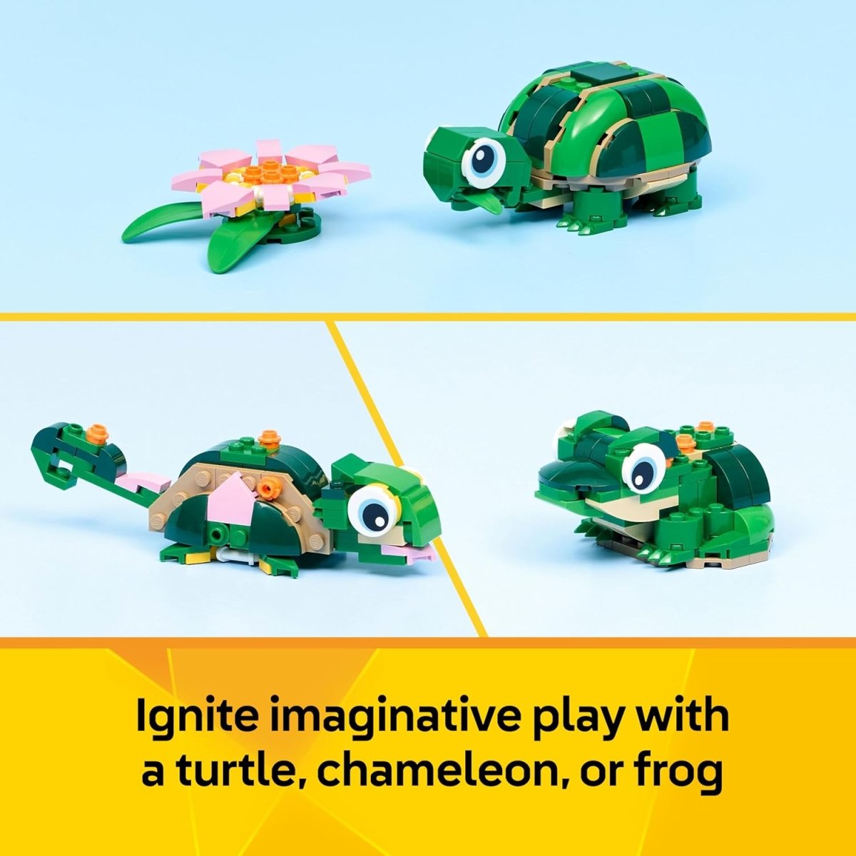 LEGO Creator turtle and water lily models, green body with pink blossom