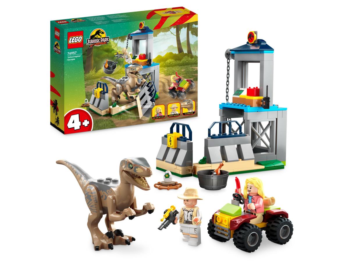 Velociraptor Escape LEGO Set mit Verpackung, Dinos, Figuren und Fahrzeug-Aufbau