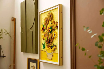 Framed LEGO Sunflowers wall art with yellow scene and vase centerpiece