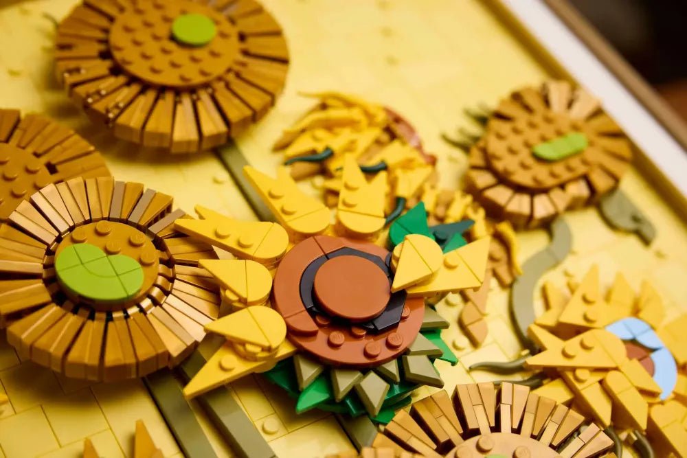 Close-up of LEGO Sunflowers mosaic parts: yellow petals and green centers