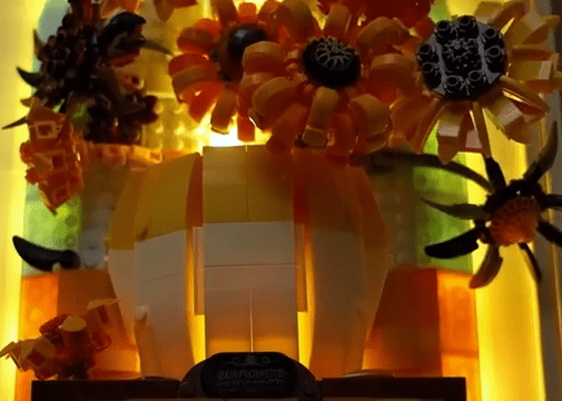 Close-up of LEGO Sunflowers mosaic with vase base and flower pieces