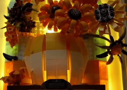 Close-up of LEGO Sunflowers mosaic with vase base and flower pieces