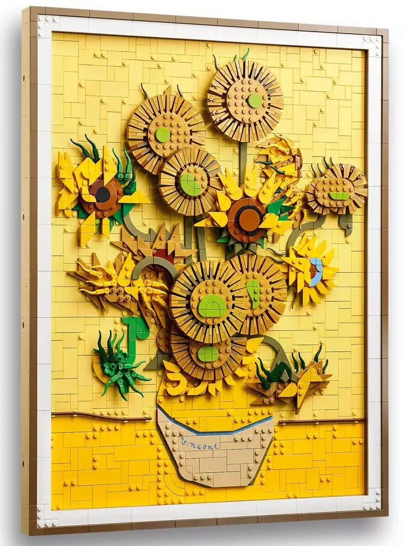 Framed LEGO Sunflowers mosaic artwork with vase and layered yellow petals