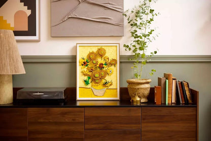 Framed Vincent van Gogh Sunflowers LEGO mosaic artwork, vase and sunflowers