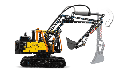 Volvo FMX Bagger-LKW Modell mit ausgestrecktem Greifarm aus schwarzen und gelben Teilen