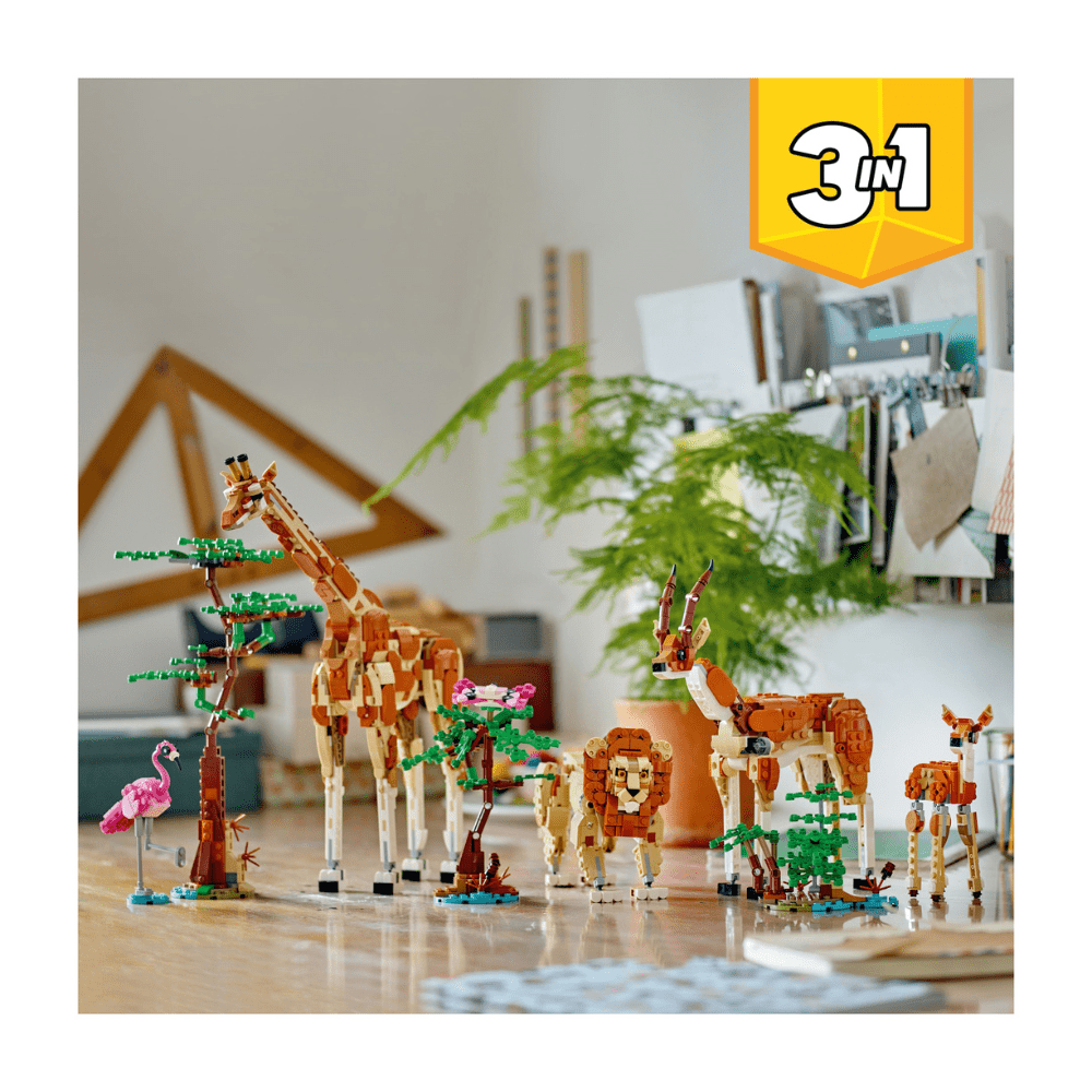 LEGO wild safari animal models with giraffe, flamingo, and tree builds