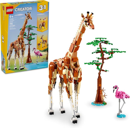 LEGO Creator 3-in-1 wild safari animal building set with giraffe and flamingo models