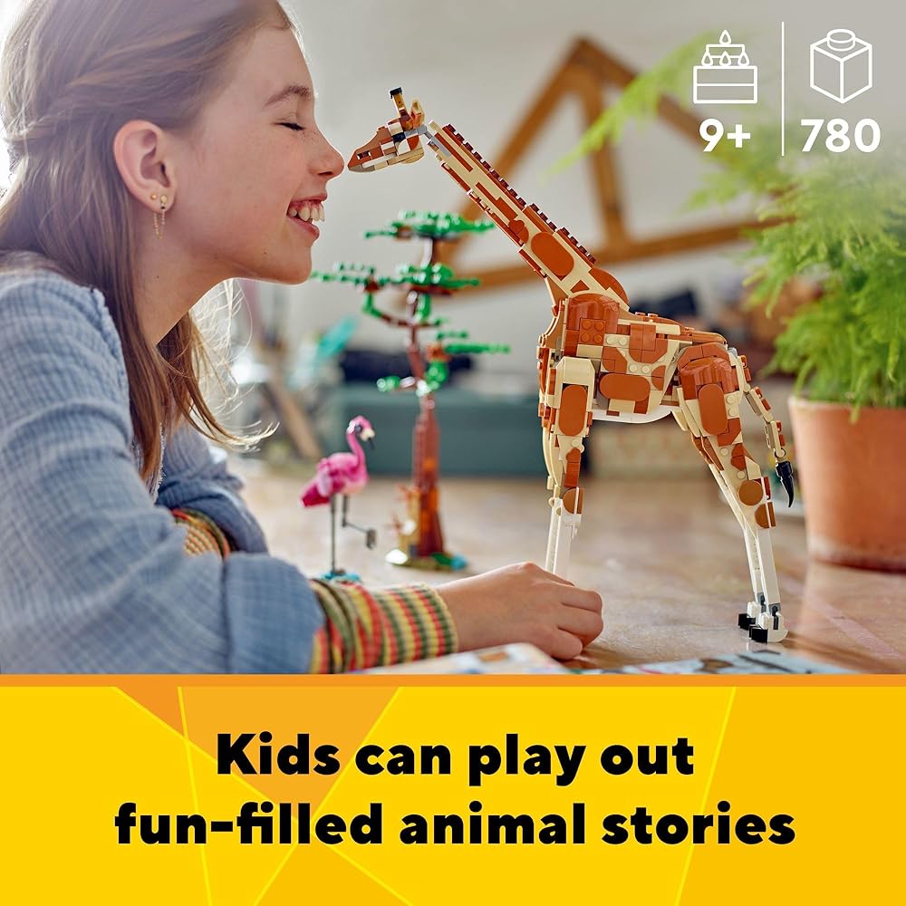LEGO wild safari giraffe animal model on a tabletop during play