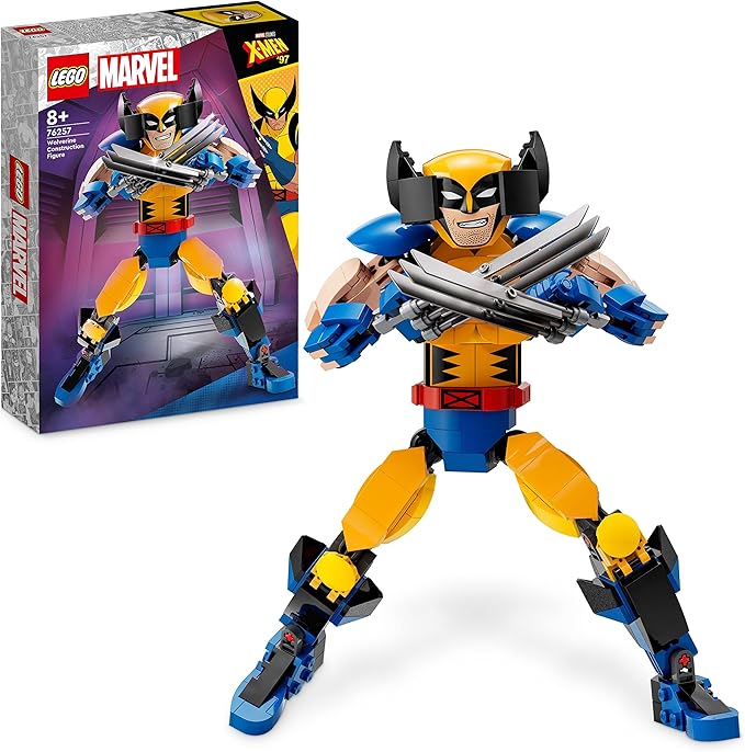 LEGO Marvel Wolverine action figure in yellow/blue suit, black mask, holding claw blades