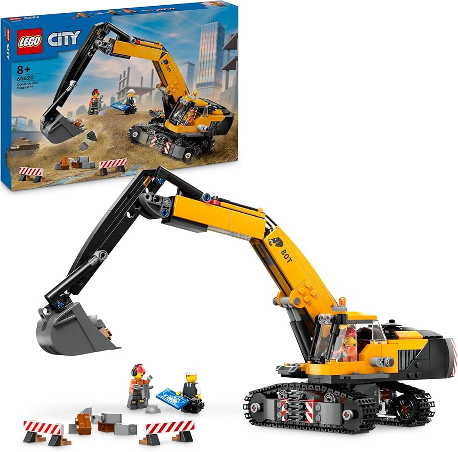 Yellow Construction Excavator Set: gelber Bagger mit Schaufel und Ketten