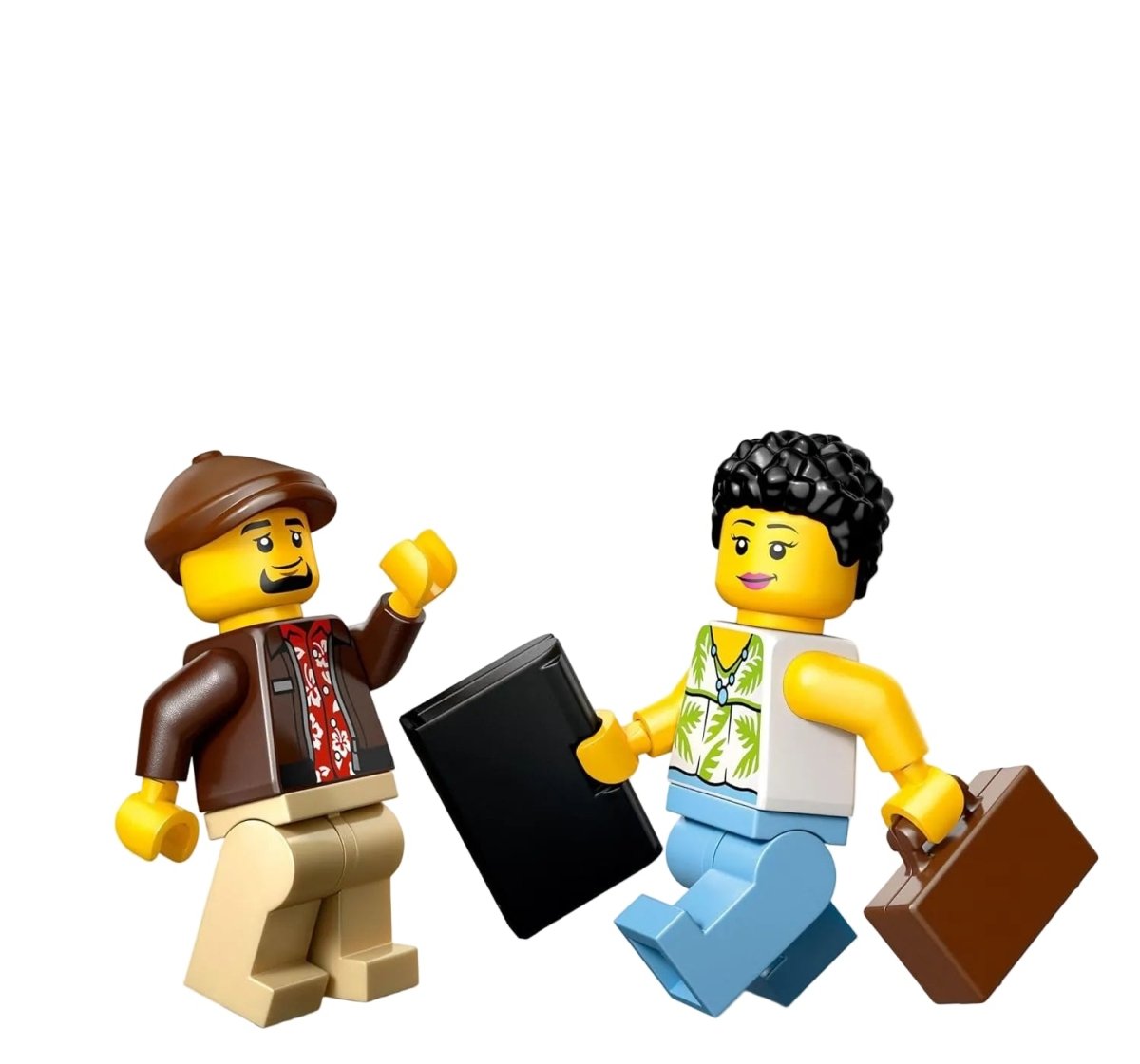 Yellow Taxi minifigures: two characters holding phone and briefcase, brown & green outfits