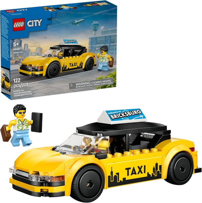 Yellow Taxi LEGO City set: yellow taxi with TAXI lettering and minifigure, 5+.