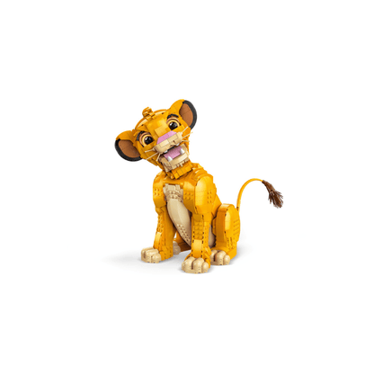 Yellow LEGO lion model figure with open mouth, white chest panel and golden mane