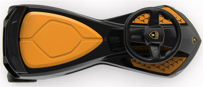 Side view of black and orange swing car body with steering wheel and wheels