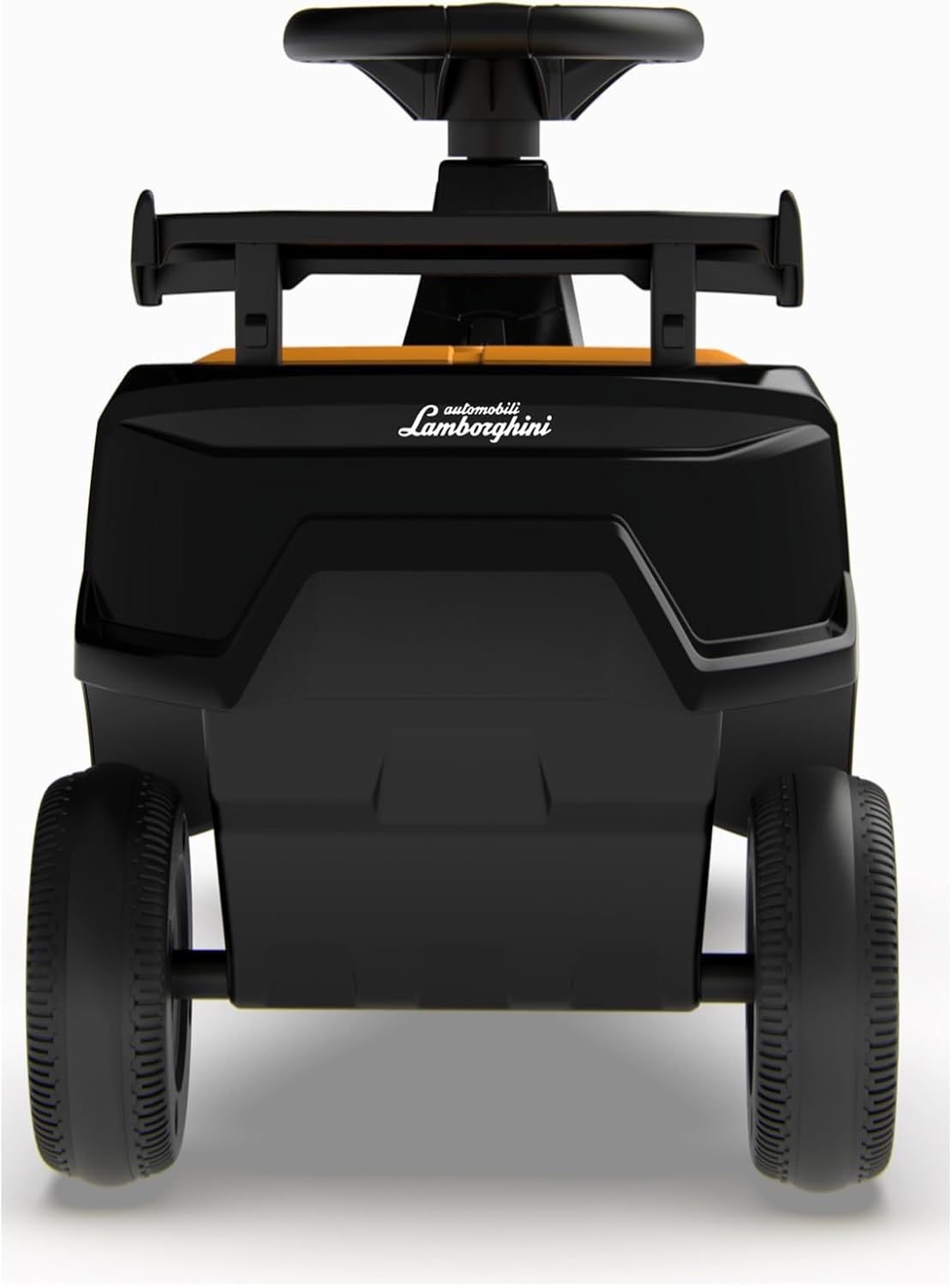Front view of black swing car with orange accents and Lamborghini logo