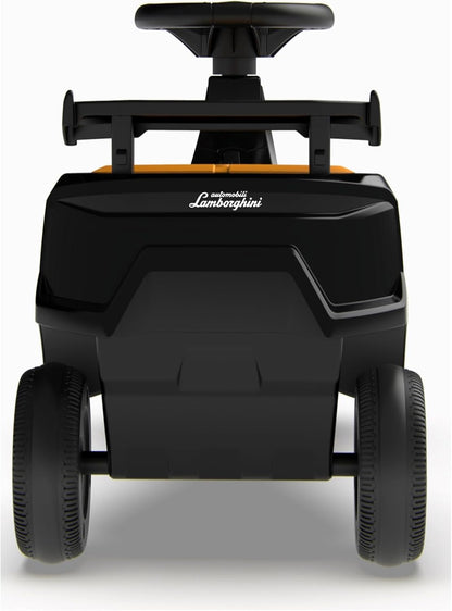 Front view of black swing car with orange accents and Lamborghini logo