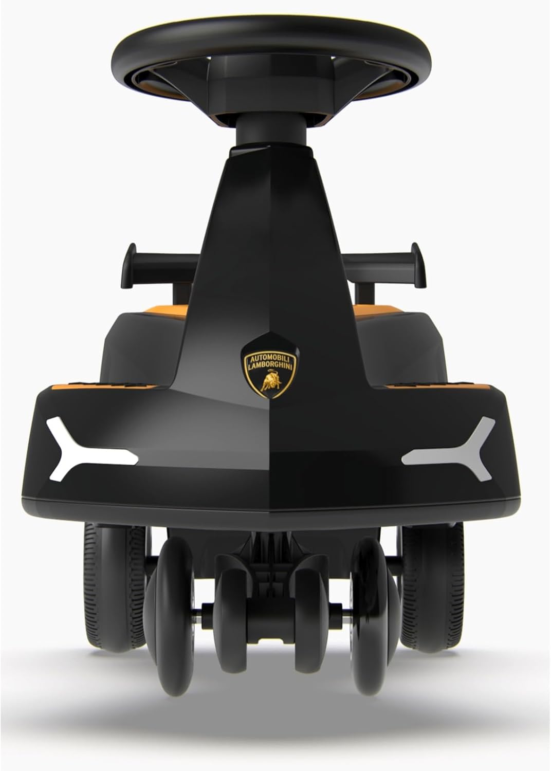Rear view of black swing car with orange accents and badge on the front panel