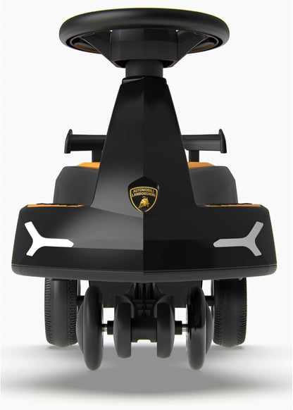 Rear view of black swing car with orange accents and badge on the front panel