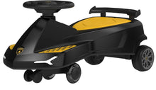 Black Lamborghini swing car ride-on with yellow steering accents and front bumper