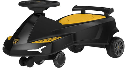 Black Lamborghini swing car ride-on with yellow steering accents and front bumper