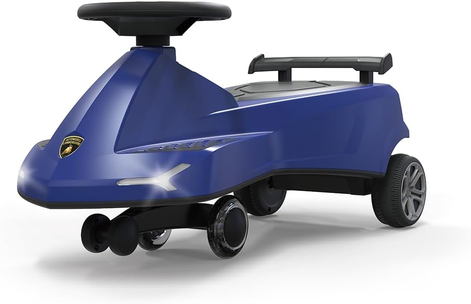 Blue Lamborghini swing car ride-on with black steering wheel and side fins