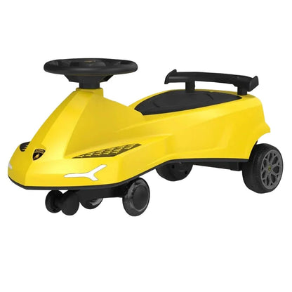 Yellow Lamborghini swing car ride-on with black steering wheel and front bumper