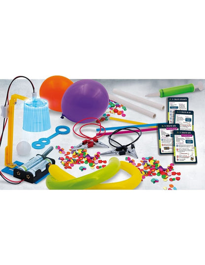 Electric science kit with colored bulbs, wires, tools, magnifier, and bead pieces
