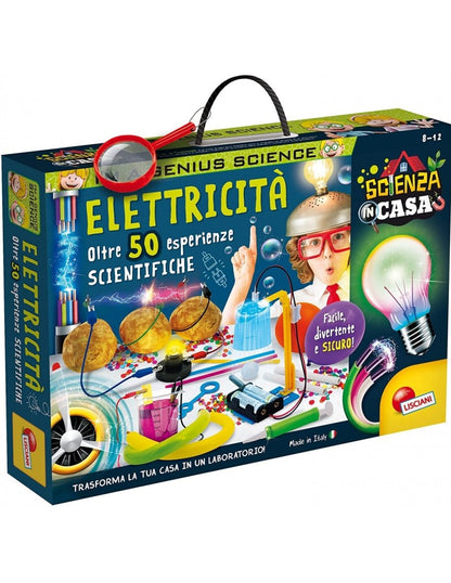 Electricity science kit box with bulb artwork and kid-themed experiment accessories