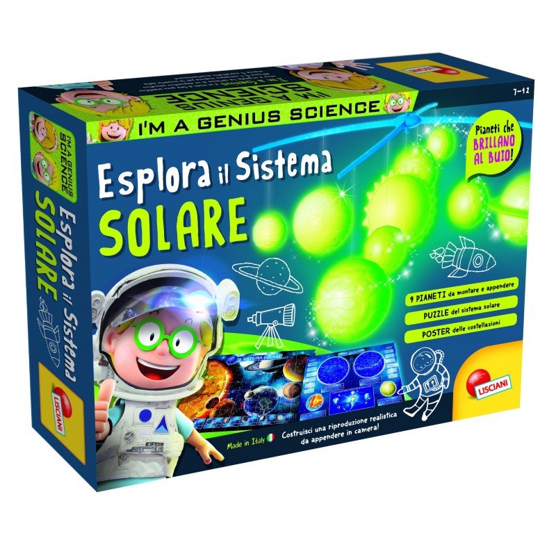 Solar system science kit box with astronaut and planets, blue packaging