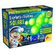 Solar system science kit box with astronaut and planets, blue packaging