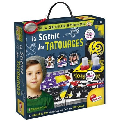 Science tattoo kit in gift box with stencil sheets, ink bottles, and age 7–12 label