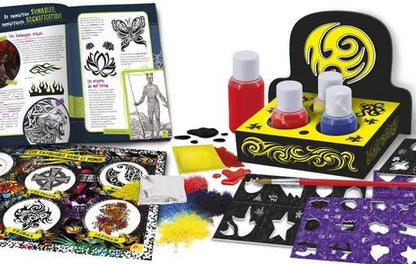 Tattoo stencil and ink kit set with bottles, stencil sheets, and tool tray