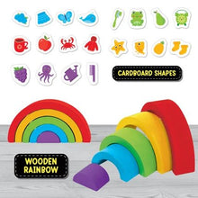 Wooden rainbow arch with colorful pieces and cardboard shapes icons