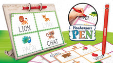 Montessori pen and drawing table with animal name tiles: lion, cat, pig and more