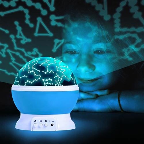 Blue star projector globe with white base and constellation lights