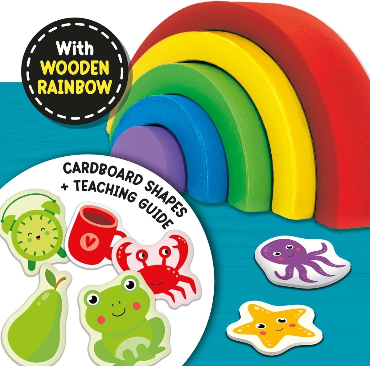 Arcobaleno di legno multicolore con etichetta “with wooden rainbow”