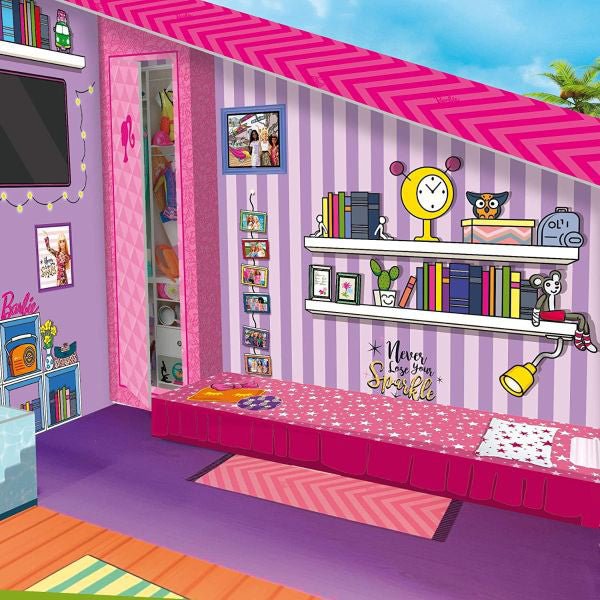 Barbie Dream Summer Villa dollhouse bedroom with striped walls and pink bed