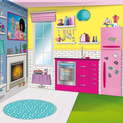 Barbie Dream Summer Villa dollhouse kitchen with pink appliances and shelving