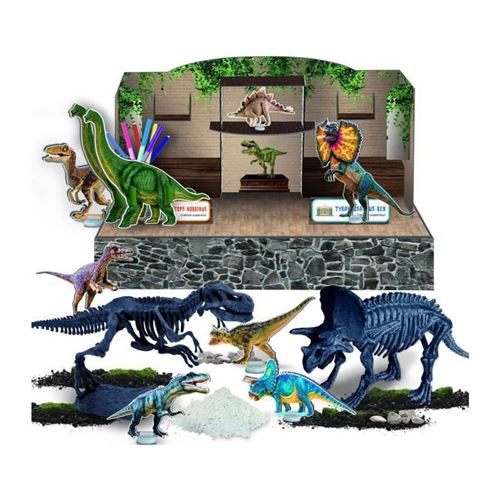Paleontology science kit with multiple dinosaur toy figures and display base